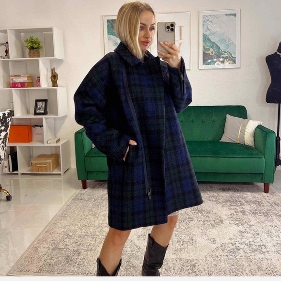 J. Crew Black Watch Tartan Wool Blue and Green Plaid Autumn Winter Coat Size 2 - Picture 3 of 12